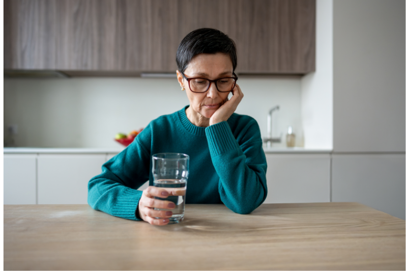 A bladder cancer patient, holding a glass of water, contemplates treatment burden