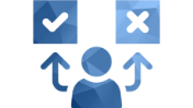 Icon of bladder cancer patient with arrows pointing to a checkmark or x, indicating a positive or negative treatment response