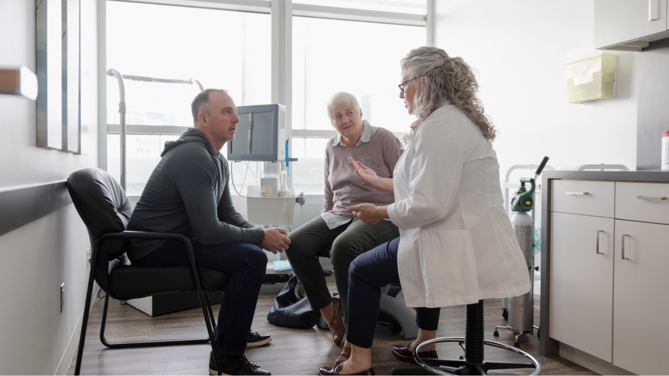 A urologist speaks with bladder cancer patient and caregiver inside her office