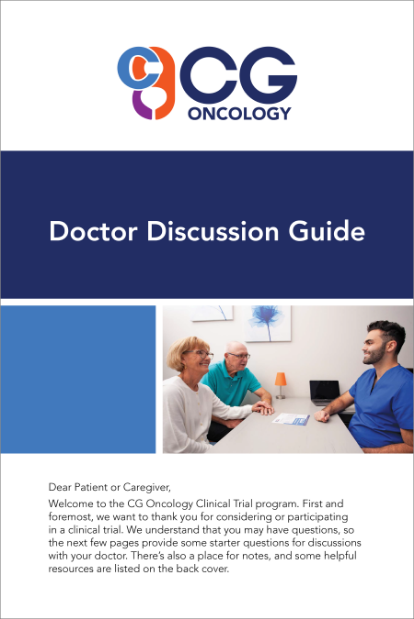 Thumbnail for the downloadable CG Oncology Doctor Discussion Guide for patients to help them speak about bladder cancer with urologists